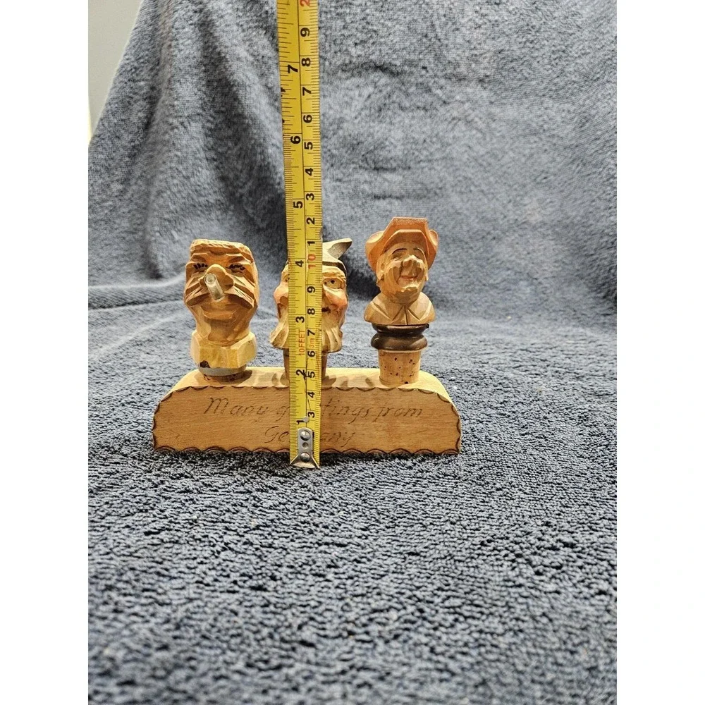 Hand Carved‎ Hand Painted Wood Bottle Toppers Set of 3 with holder Germany Vtg
